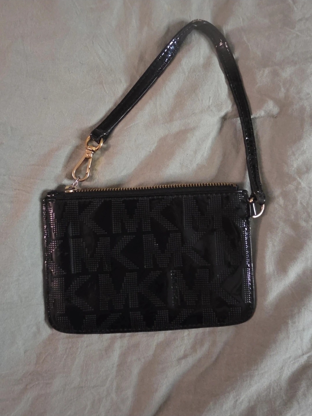 Michael Kors Black Patent MK Logo Wristlet with Detachable Strap